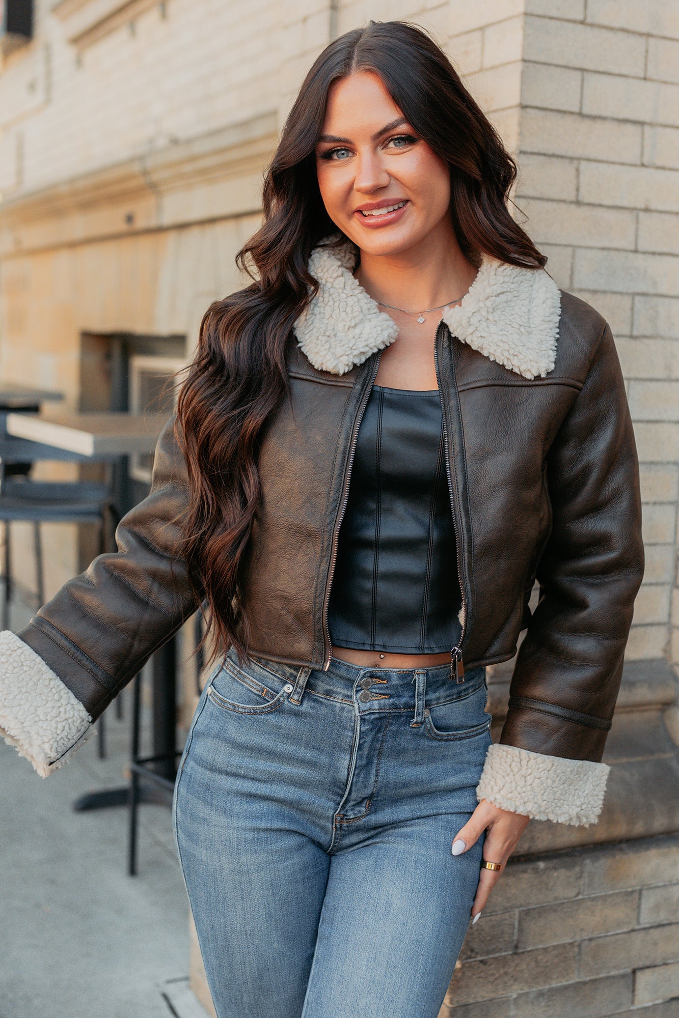 Serves You Right Sherpa Lined Faux Leather Jacket (Brown)