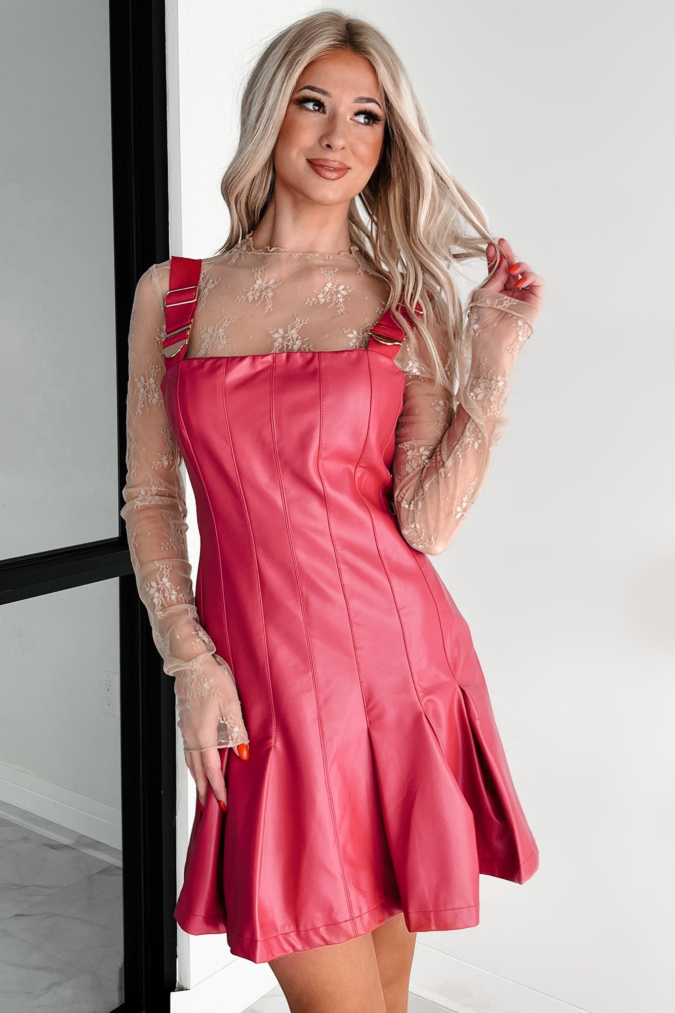 One Of None Pleated Faux Leather Dress (Magenta)