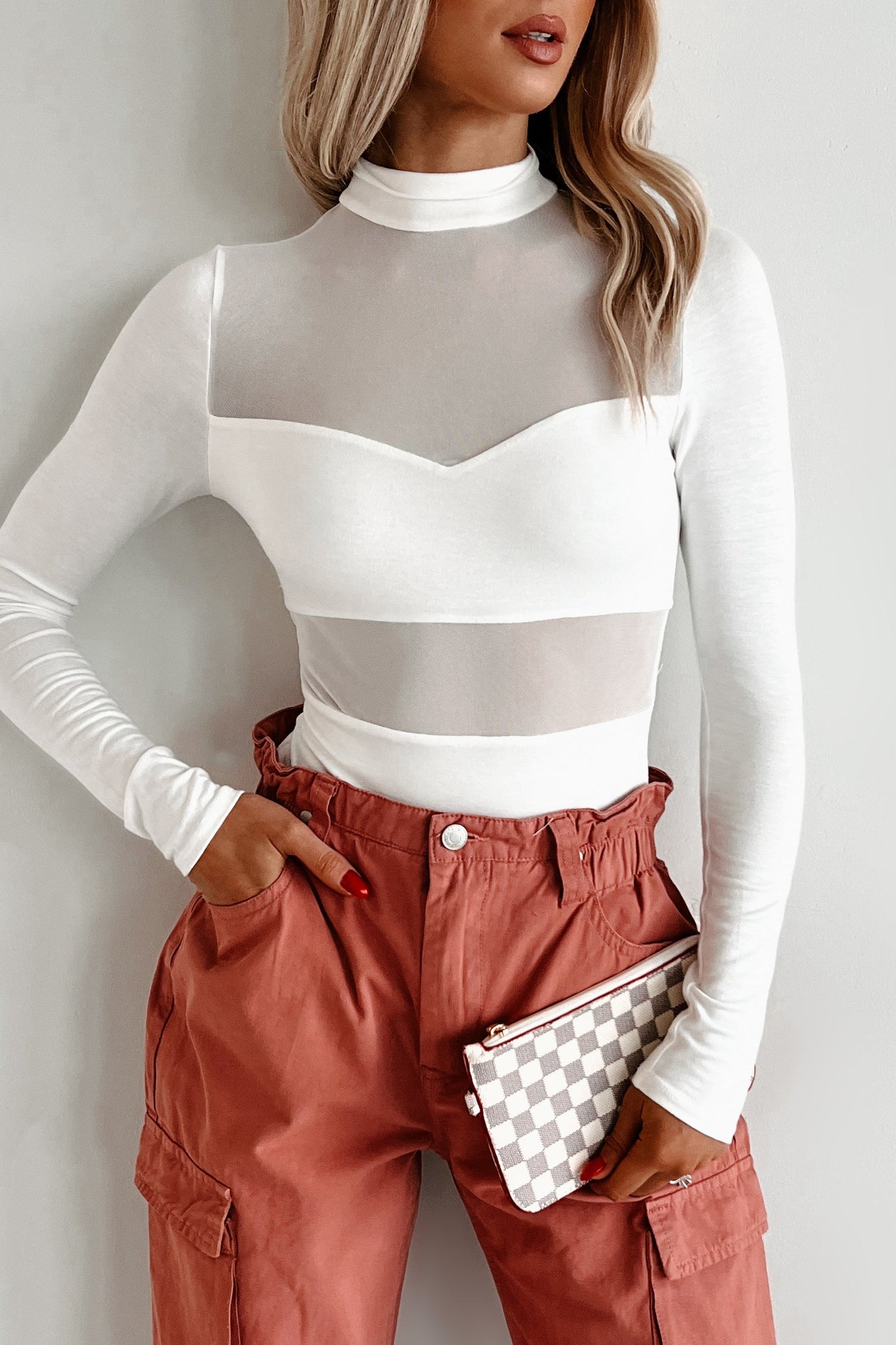 Sultry Persona Mock Neck Mesh Detail Bodysuit (Ivory)