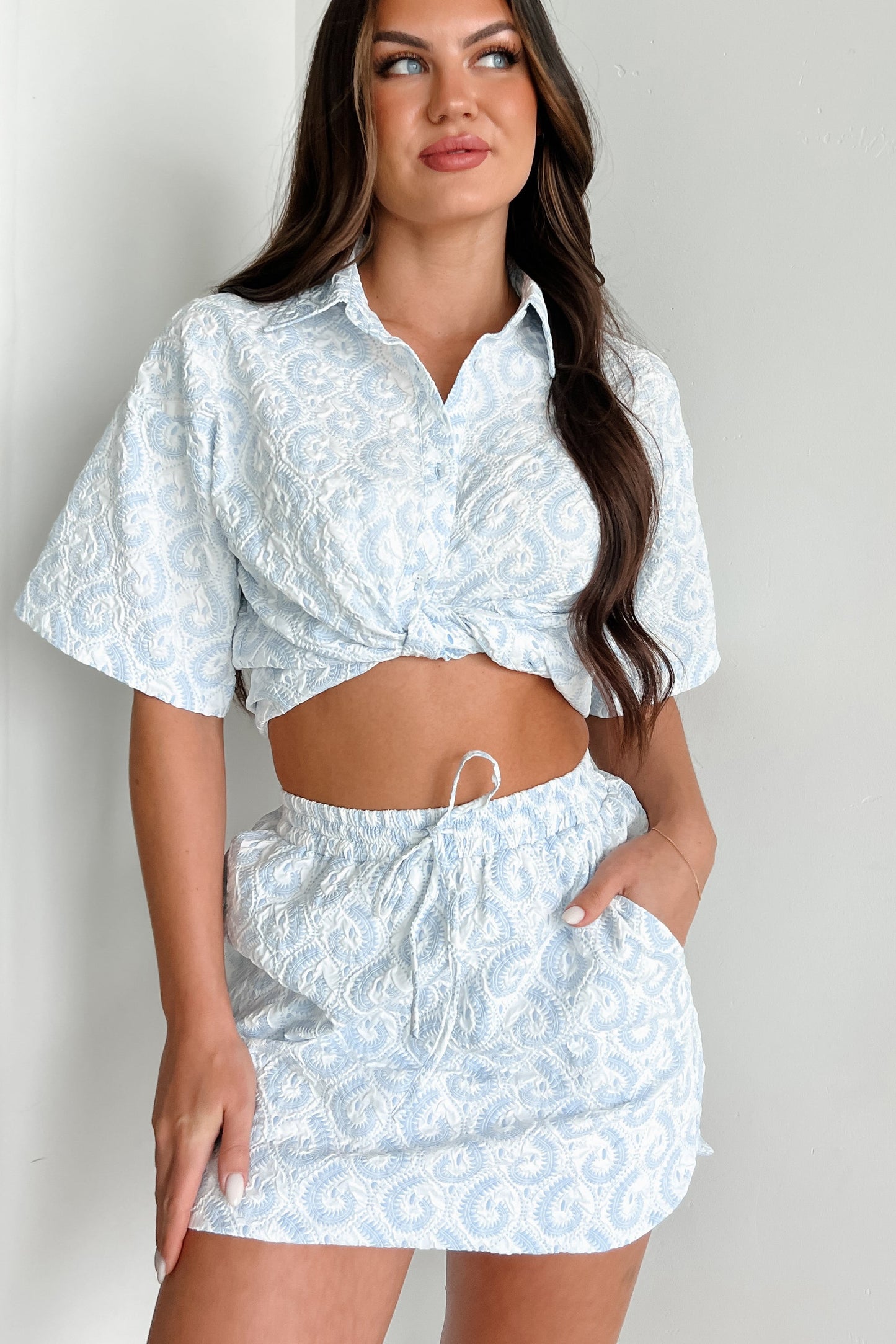 Vintage Vocabulary Paisley Print Two-Piece Set (White/Light Blue)