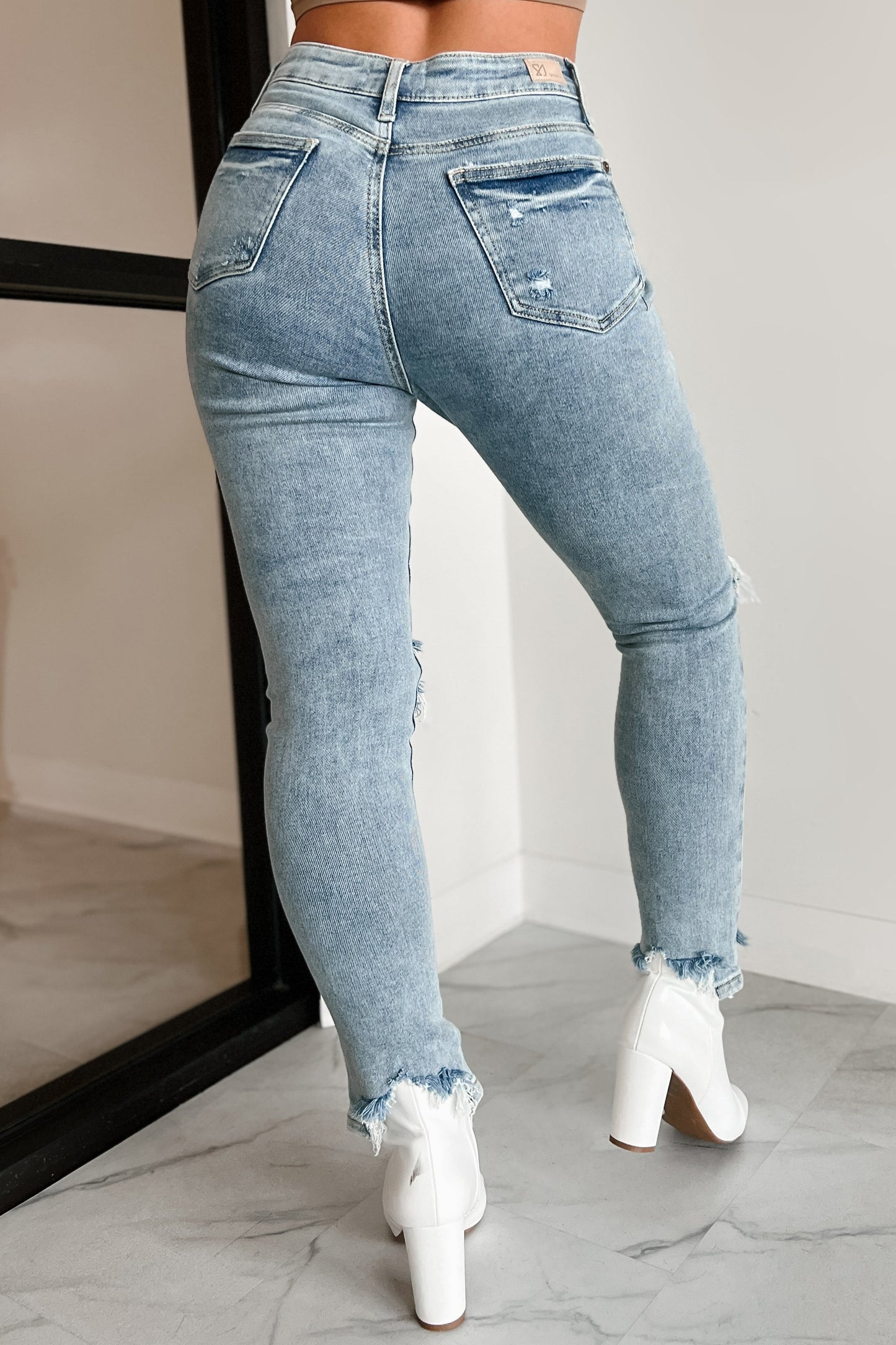 Vince High Rise Distressed Special A Slim Straight Jeans (Medium Light)
