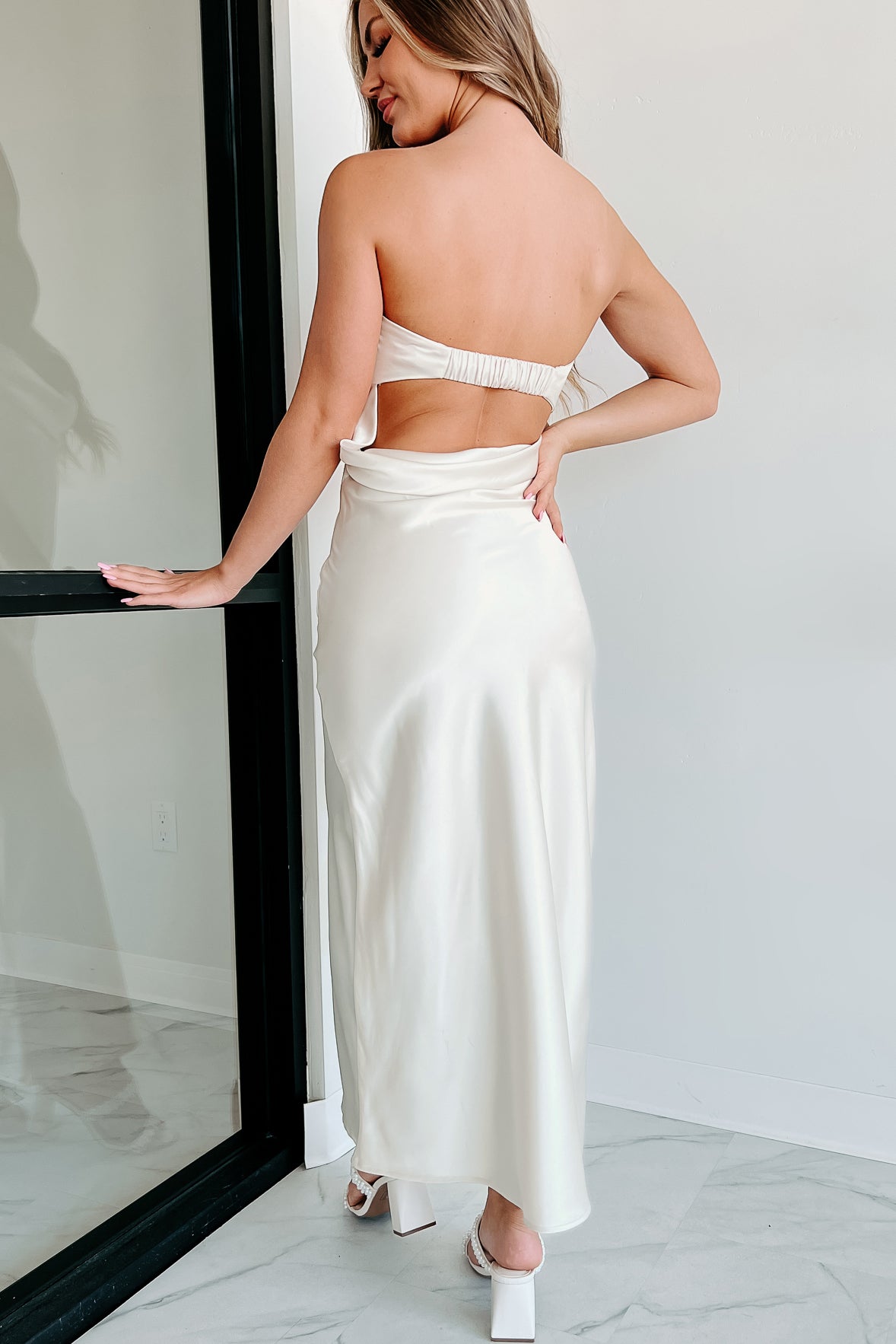 Royal Entrance Satin Maxi Dress With Rhinestone Detail (Ivory)
