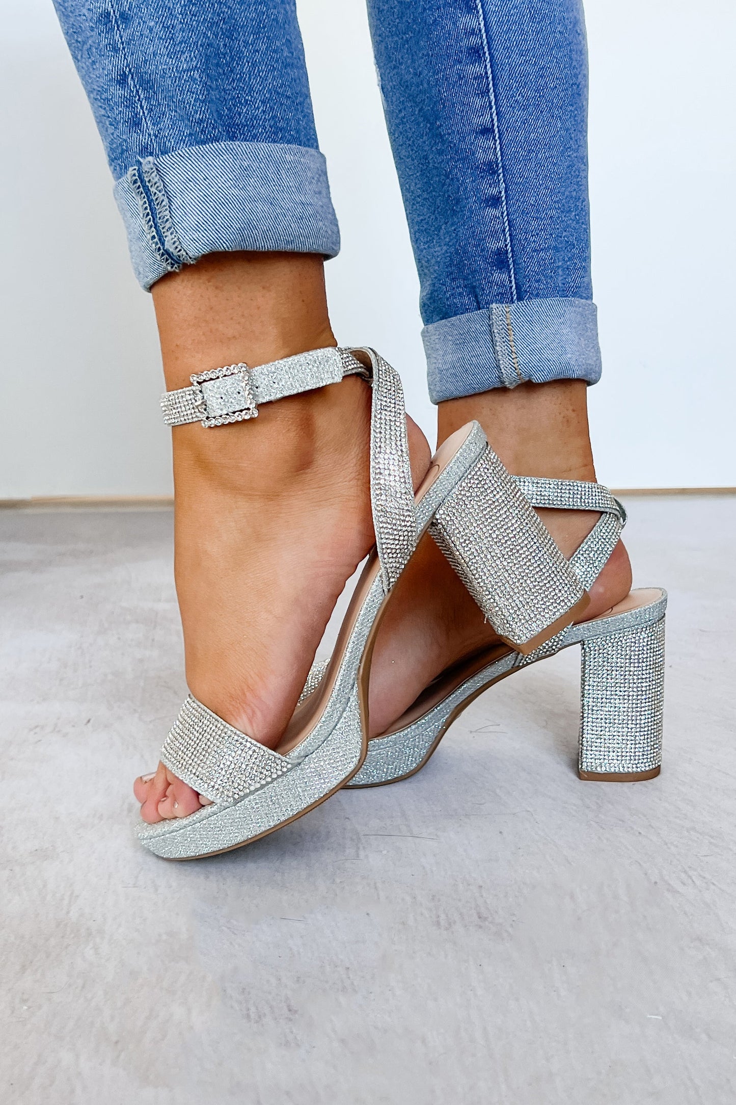 Puttin' On The Rizz Rhinestone Platform Block Heels (Silver)