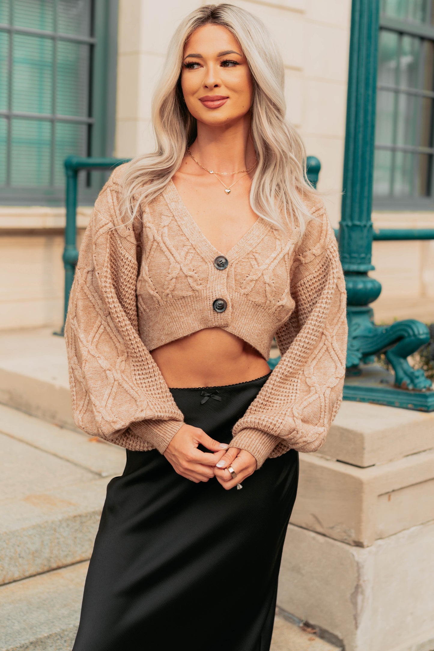 True Escapism Cropped Cable Knit Cardigan (Taupe)