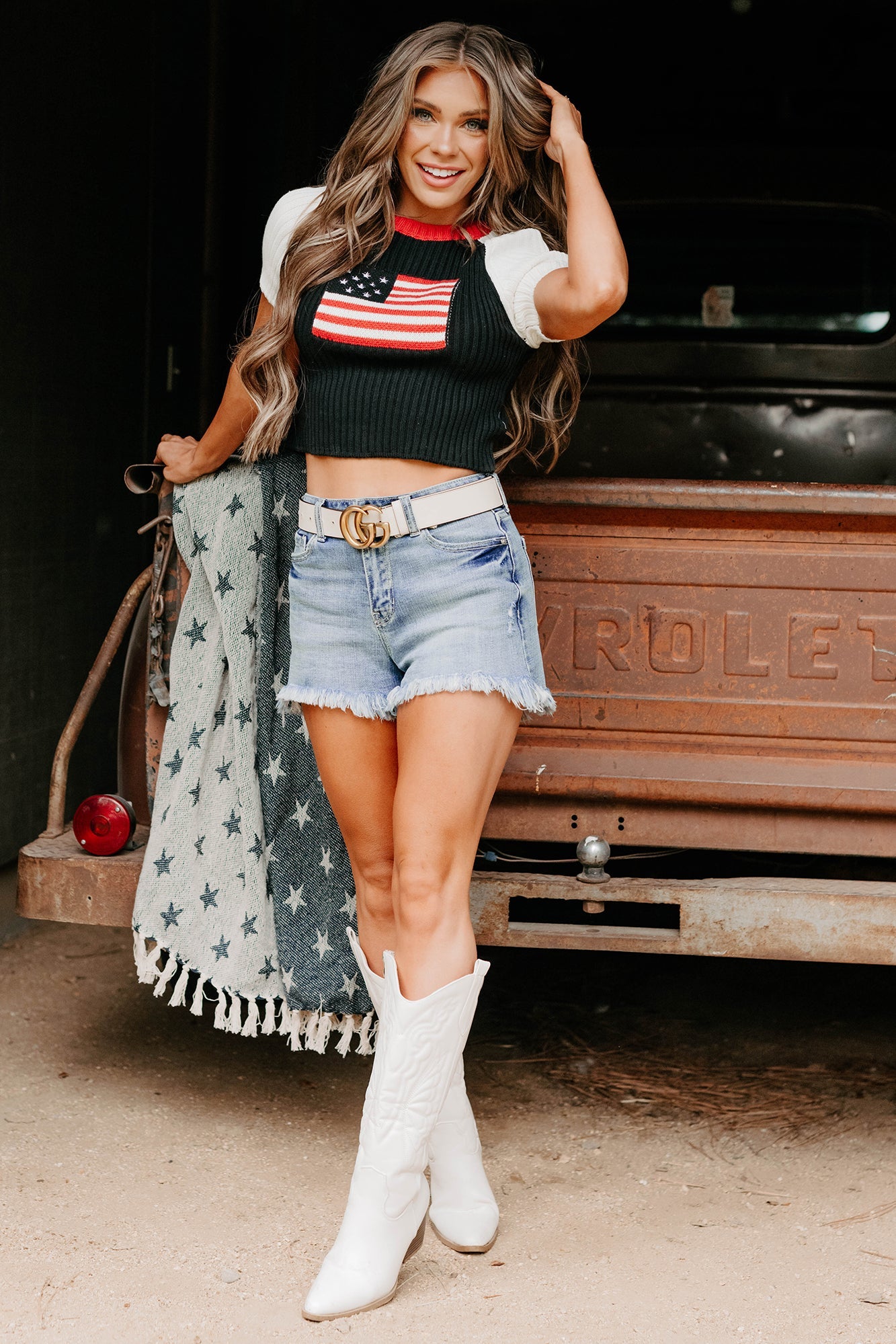 Starlet Style USA Flag Sweater Top (Black/White)