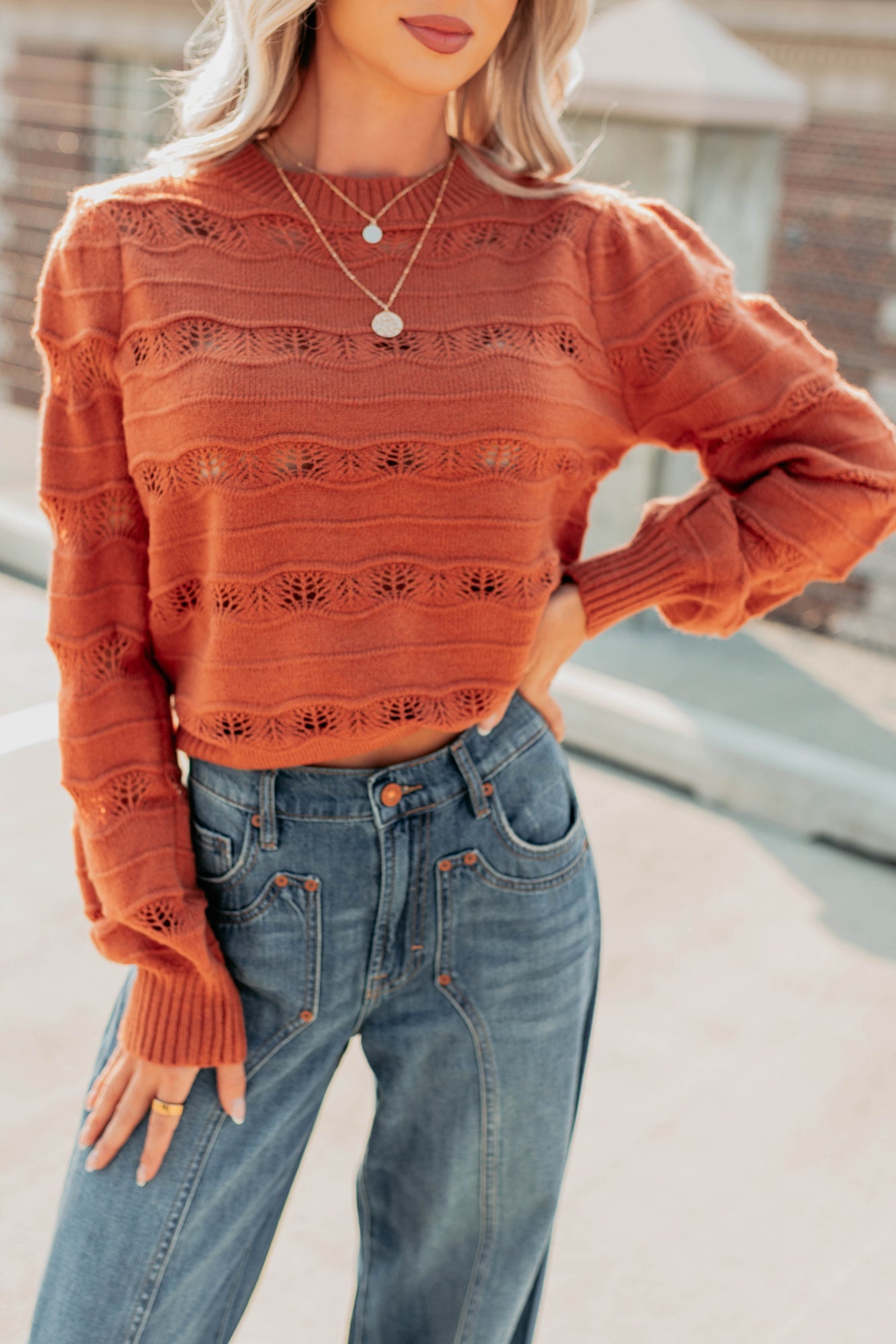 Quiet Mornings Open Knit Detailed Sweater (Terracotta)