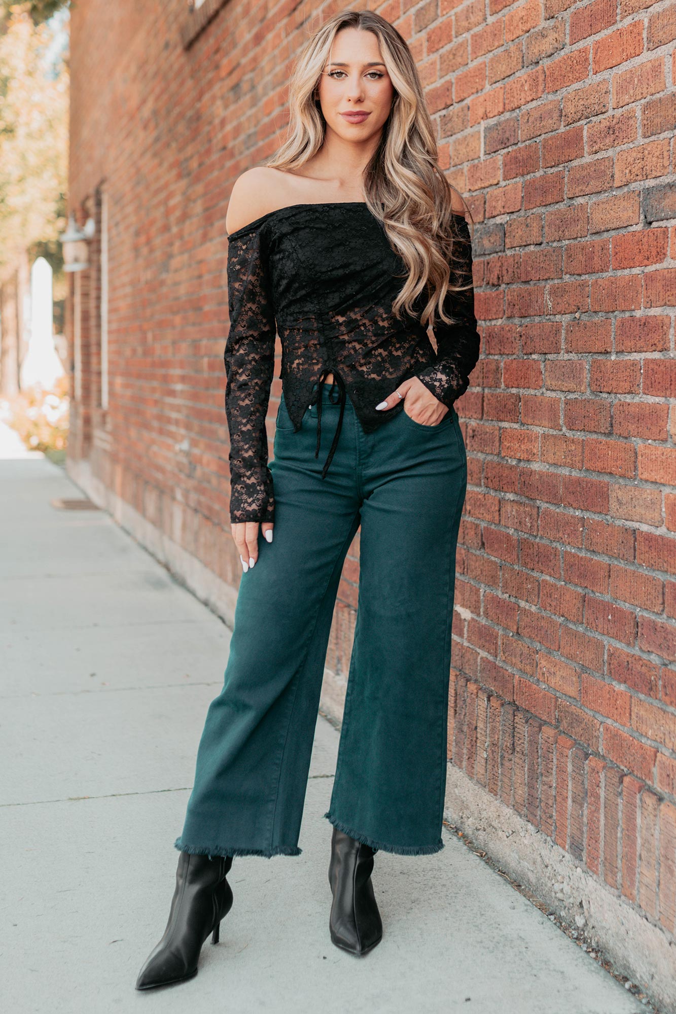 Up To Standard Ruched Lace Asymmetric Top (Black)