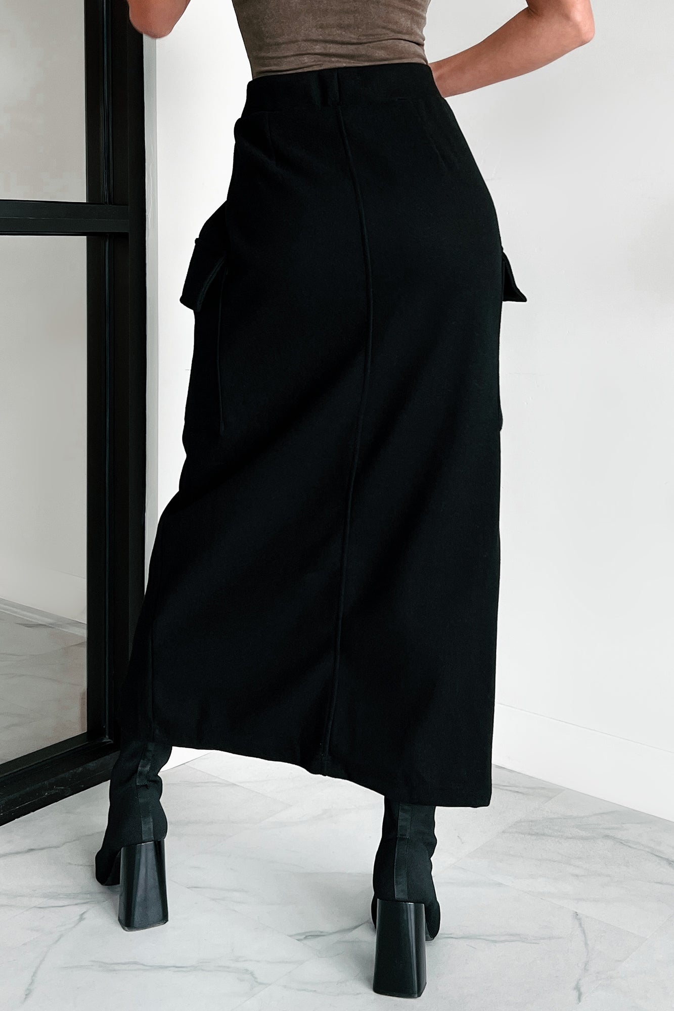 Setting New Standards Brushed Knit Cargo Midi Skirt (Black)
