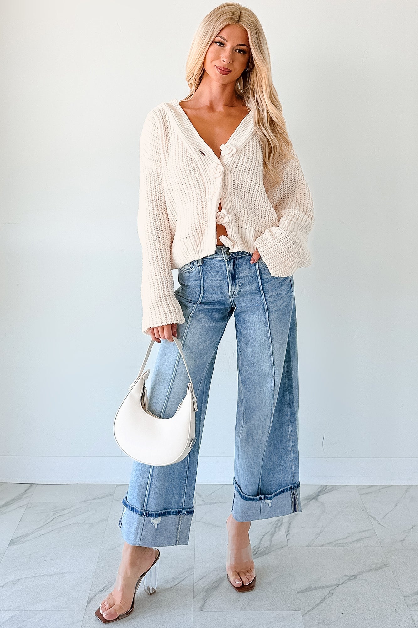 Soft & Still POL Oversized Chenille Cardigan (Powder Cream)