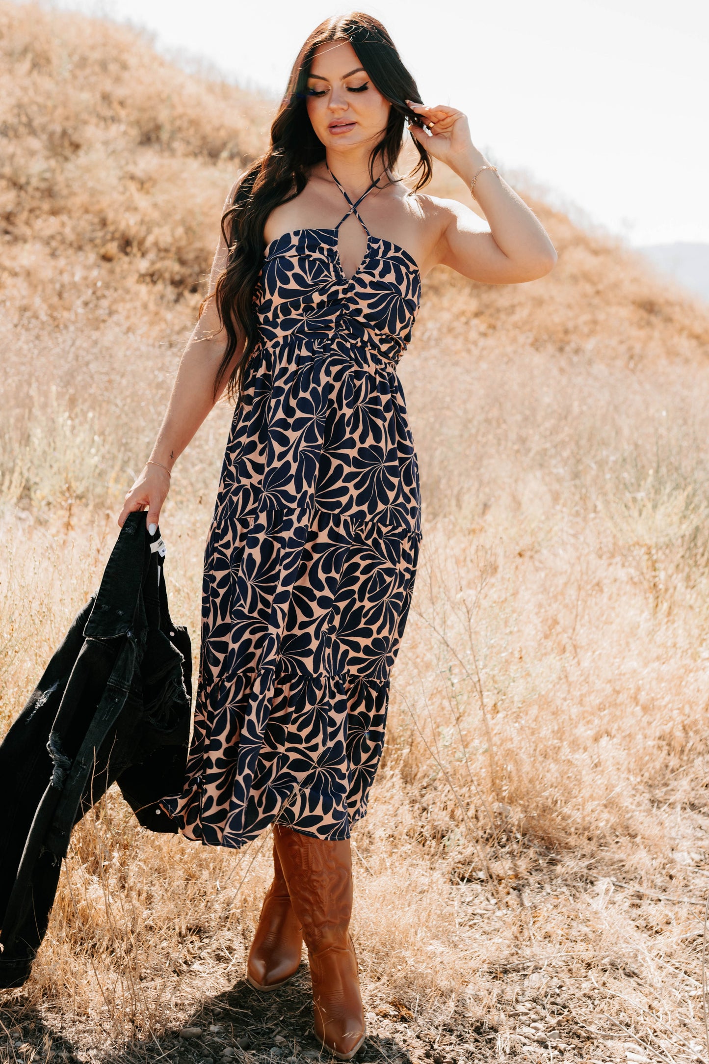 Purpose Driven Printed Halter Midi Dress (Navy/Clay)