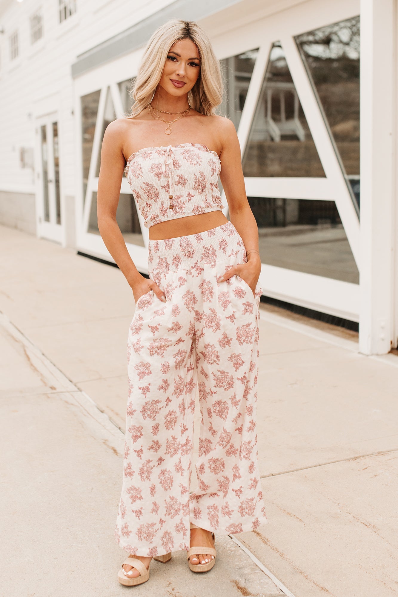 Sugar & Sunshine Floral Smocked Bandeau And Pants Set (Burgundy)