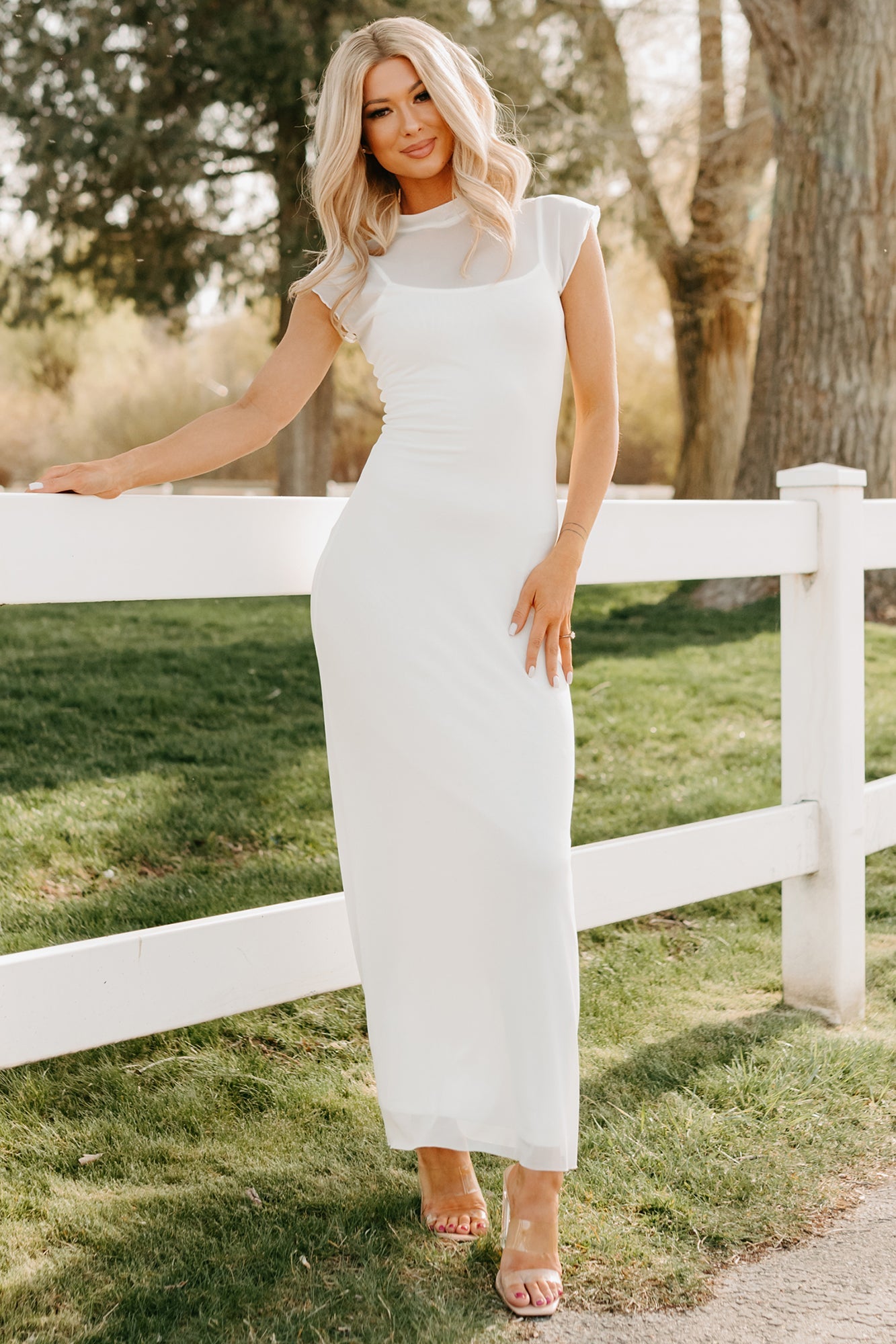 Wish You Were Here Mesh Mock Neck Maxi Dress (Ivory)